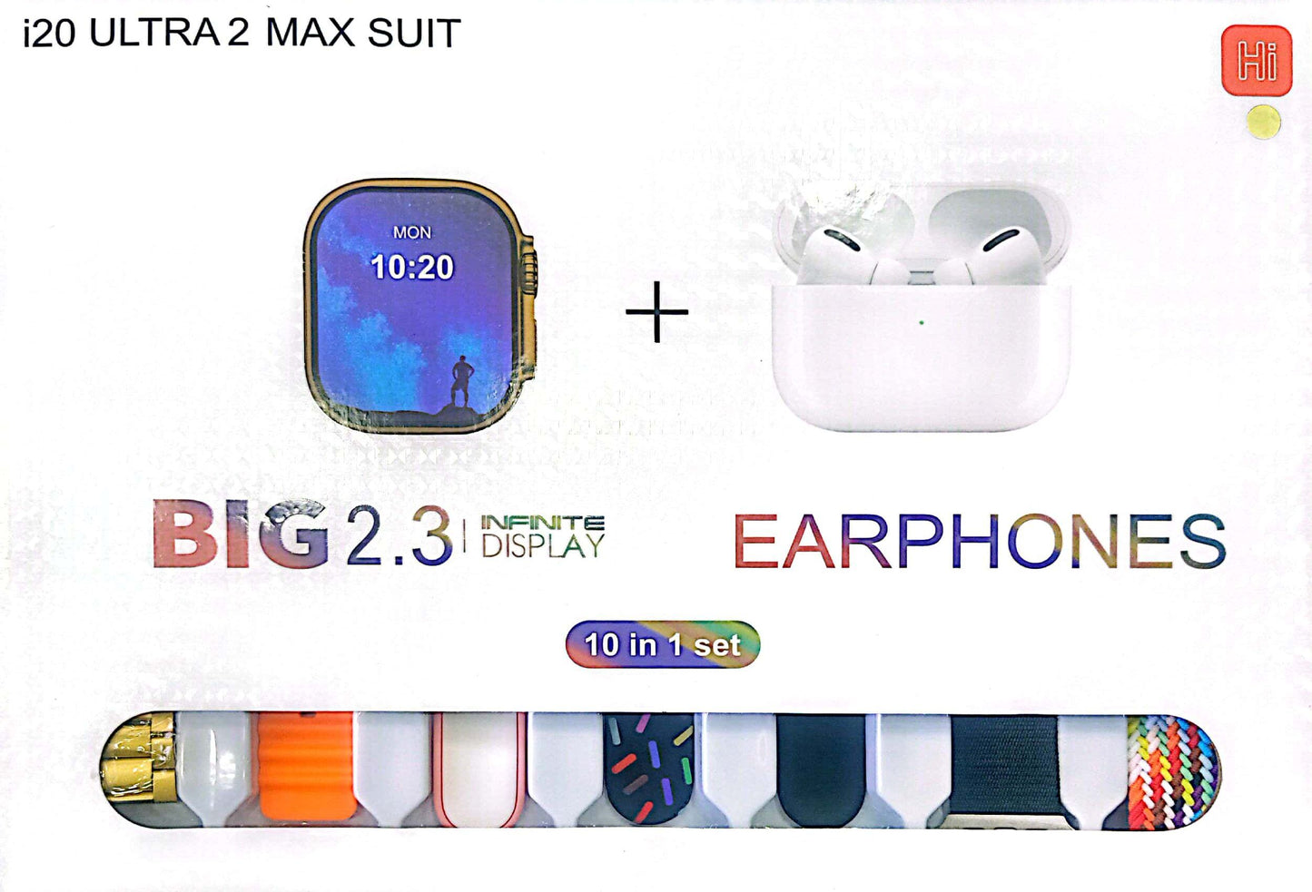 I20 Ultra Max With AirPods Bonus |10 In 1 Smartwatch Bundle 2.3 Inch Large Screen 10 Straps