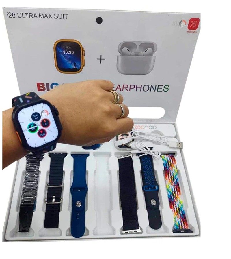 I20 Ultra Max With AirPods Bonus |10 In 1 Smartwatch Bundle 2.3 Inch Large Screen 10 Straps